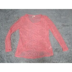 CATO Top Womens Small Pink Long Sleeve‎ Scoop Neck Floral Sheer Casual